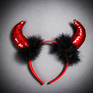 Sexy Devil Demon Horns Paillette Sequins Feather Headband - Red